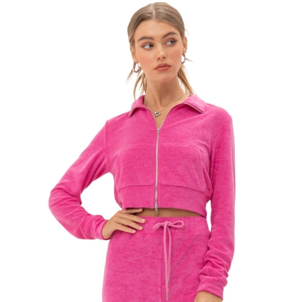 NWT Pretty Garbage Pink Cropped Terrycloth Zip Up Sweatshirt/Jacket Size…
